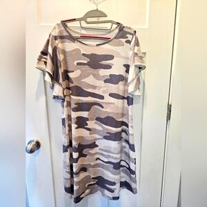 Women’s Camo Print Flutter Sleeve Tunic Dress Grey Green Size Large